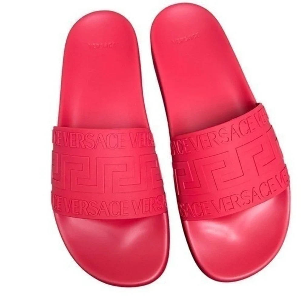 Versace 1006272 Men's Red Greca Gomma Pool Slide, sz 43